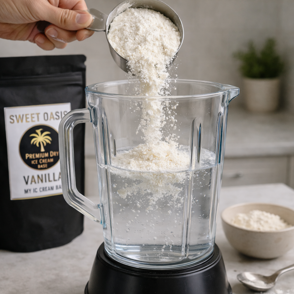 Sweet Oasis base being added to water in blender