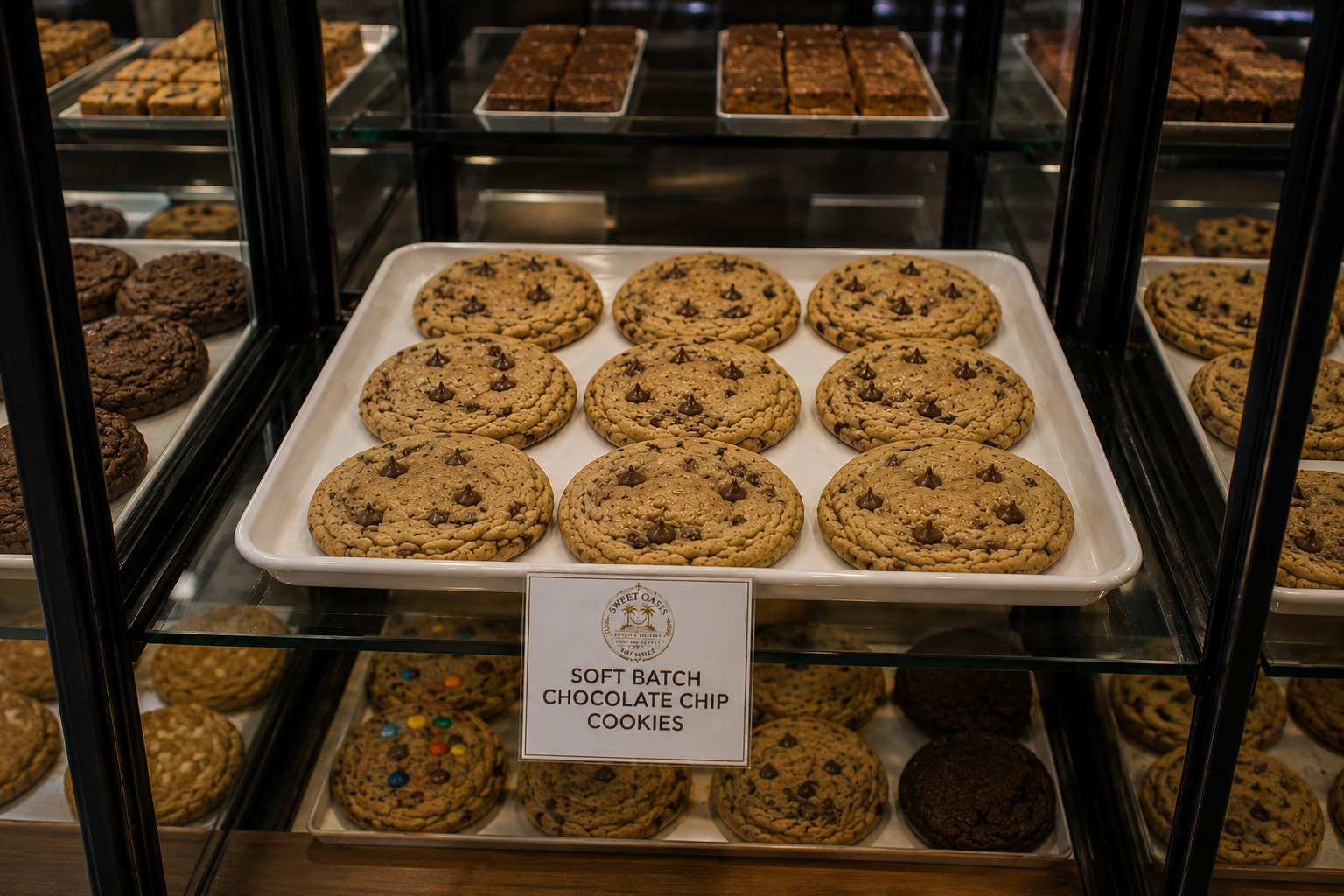 Soft batch chocolate chip cookies in bakery display case